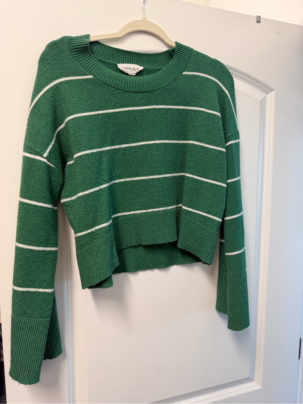 Hippie Rose Green & White Striped Cropped Crew Sweater